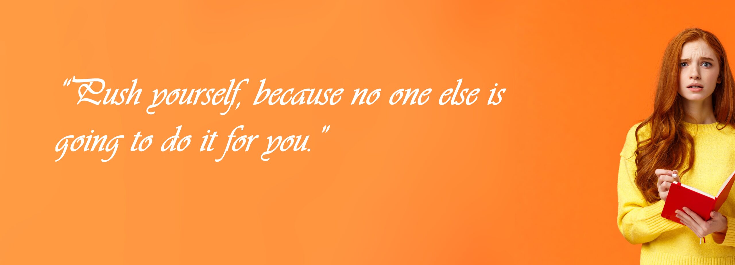Concerned tensed attractive redhead female student cant write down everything from blackboard after lector, biting lip look troubled and perplexed, holding red notebook and pen, orange background.
