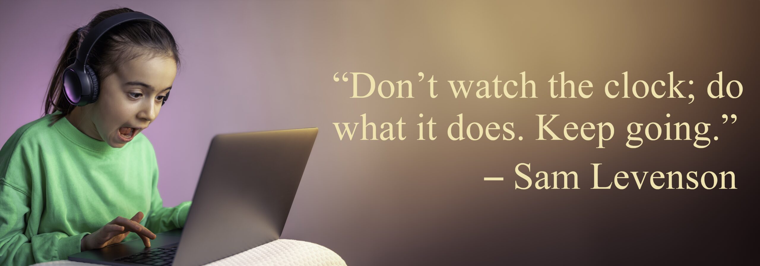 Funny little girl in headphones with laptop plays games, game addiction concept. Web, social media banner template. Copy space.